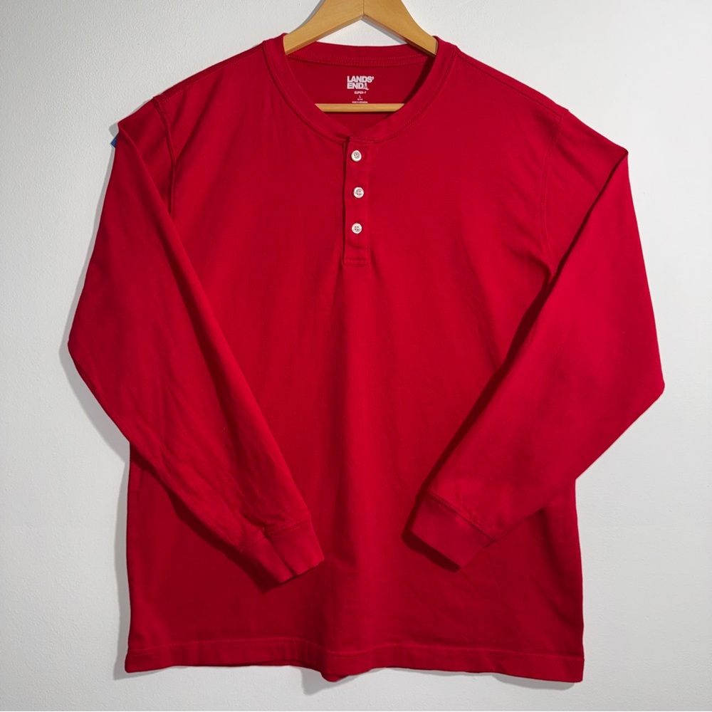Lands End Red Long Sleeve Henley‎ Super T Shirt Size Large